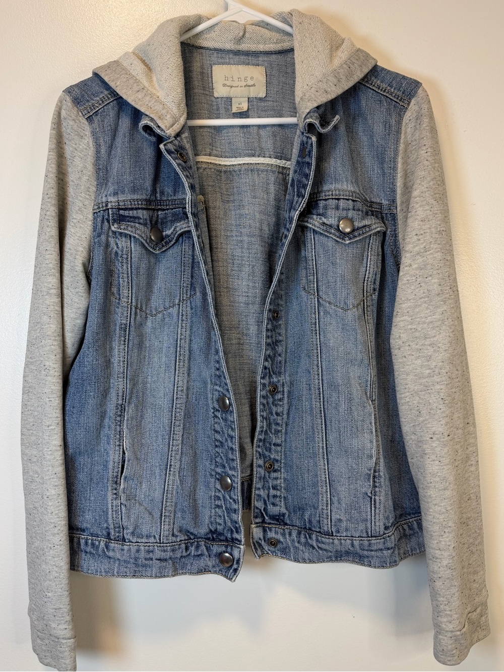 Hinge Mixed Media Denim Jacket Hooded Knit Sleeves Blue Grey Women’s XL